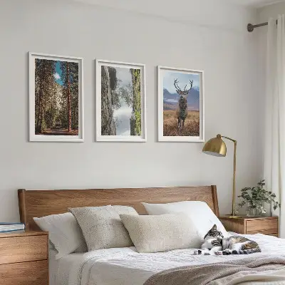 Set de 3 cuadros para salón con diseño de carretera entre bosque, montañas y ciervo