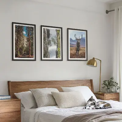 Set de 3 cuadros para salón con diseño de carretera entre bosque, montañas y ciervo
