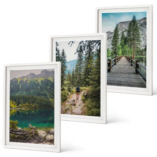 Juego de 3 cuadros con paisajes de montañas lagos bosques y senderos