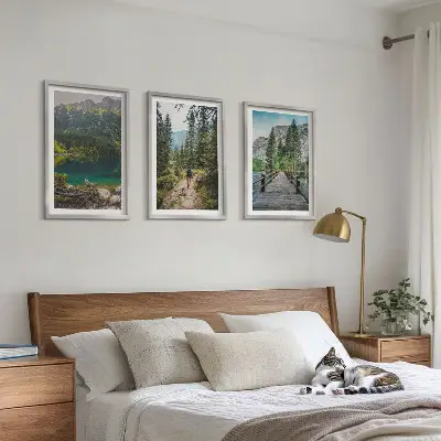 Juego de 3 cuadros con paisajes de montañas lagos bosques y senderos