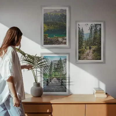 Juego de 3 cuadros con paisajes de montañas lagos bosques y senderos