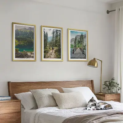 Juego de 3 cuadros con paisajes de montañas lagos bosques y senderos