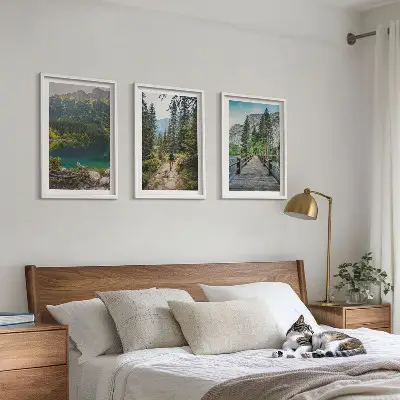 Juego de 3 cuadros con paisajes de montañas lagos bosques y senderos