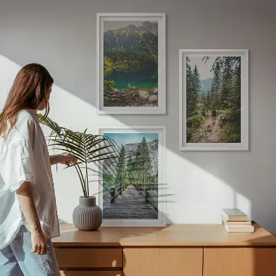 Juego de 3 cuadros con paisajes de montañas lagos bosques y senderos