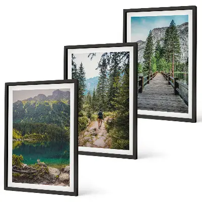 Juego de 3 cuadros con paisajes de montañas lagos bosques y senderos