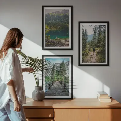 Juego de 3 cuadros con paisajes de montañas lagos bosques y senderos