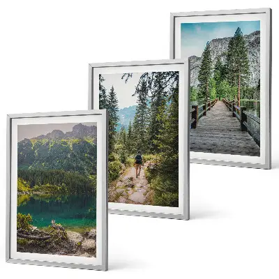 Juego de 3 cuadros con paisajes de montañas lagos bosques y senderos