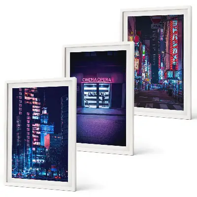 Set de 3 cuadros para salón diseño de entrada a la ciudad con luces de neón nocturnas