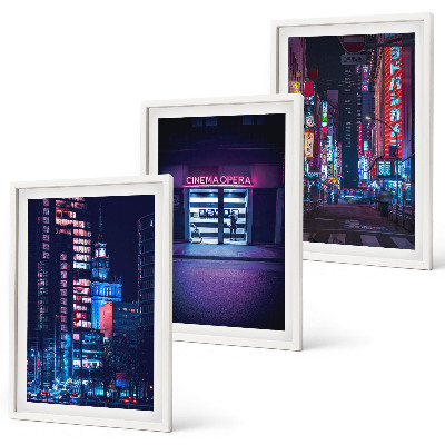Set de 3 cuadros para salón Entrada de neón de la ciudad nocturna