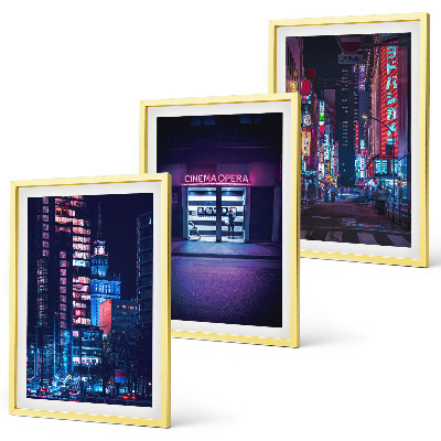Set de 3 cuadros para salón Entrada de neón de la ciudad nocturna
