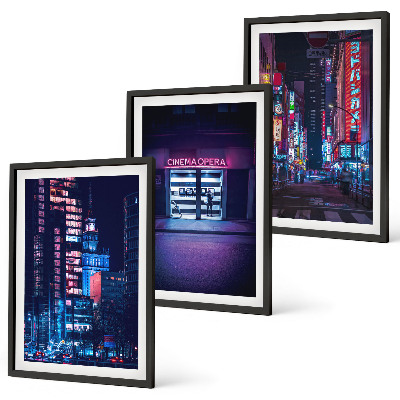 Set de 3 cuadros para salón Entrada de neón de la ciudad nocturna