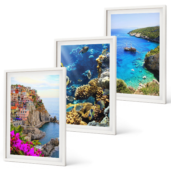 Set de 3 cuadros para salón Vistas al mar, casas coloridas
