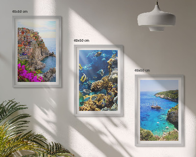 Set de 3 cuadros para salón Vistas al mar, casas coloridas