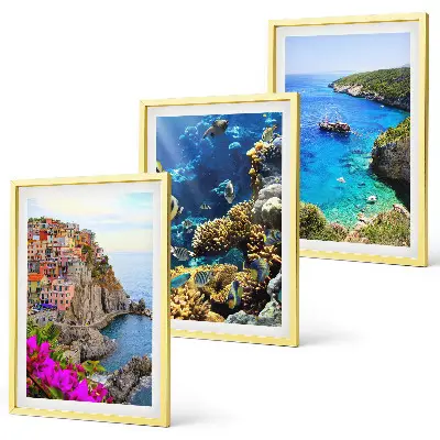 Set de 3 cuadros para salón vistas al mar con casas coloridas