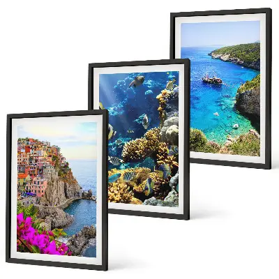 Set de 3 cuadros para salón vistas al mar con casas coloridas