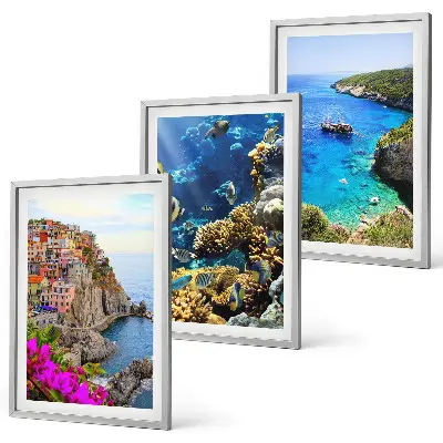 Set de 3 cuadros para salón vistas al mar con casas coloridas