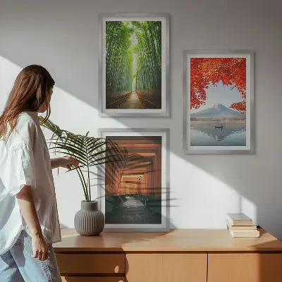 Juego de 3 cuadros paisaje de bosque de bambú en el monte Fuji