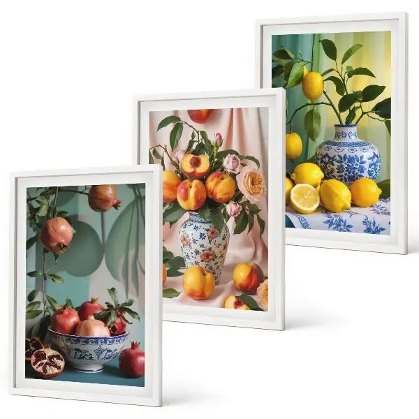 Set de 3 cuadros para salón con diseño de granadas, duraznos y limones