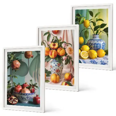 Set de 3 cuadros para salón con diseño de granadas, duraznos y limones