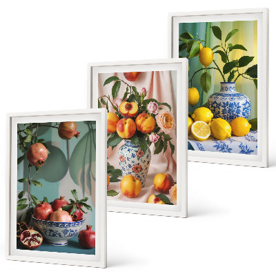 Set de 3 cuadros para salón Granadas, duraznos, limones