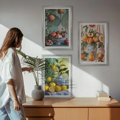 Set de 3 cuadros para salón con diseño de granadas, duraznos y limones