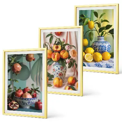 Set de 3 cuadros para salón con diseño de granadas, duraznos y limones