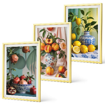 Set de 3 cuadros para salón Granadas, duraznos, limones