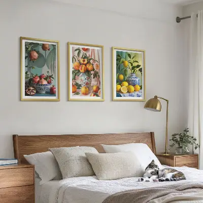 Set de 3 cuadros para salón con diseño de granadas, duraznos y limones