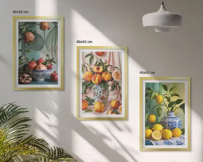 Set de 3 cuadros para salón con diseño de granadas, duraznos y limones