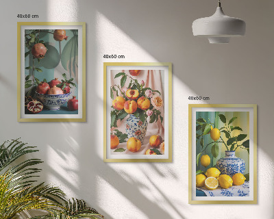 Set de 3 cuadros para salón Granadas, duraznos, limones