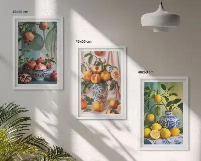 Set de 3 cuadros para salón con diseño de granadas, duraznos y limones