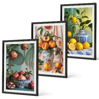Set de 3 cuadros para salón con diseño de granadas, duraznos y limones