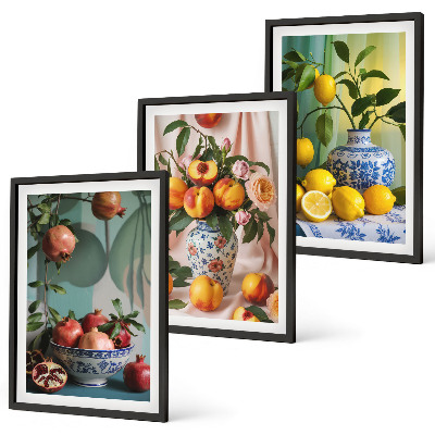 Set de 3 cuadros para salón Granadas, duraznos, limones