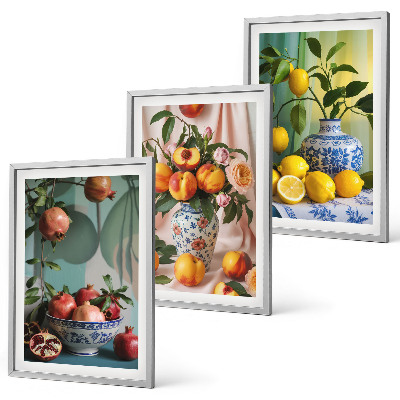 Set de 3 cuadros para salón Granadas, duraznos, limones