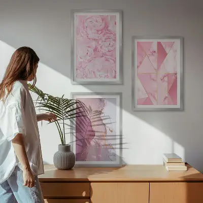 Juego de 3 cuadros de peonías geométricas rosas juego de 3 cuadros con diseño de peonías geométricas en color rosa