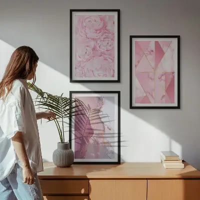 Juego de 3 cuadros de peonías geométricas rosas juego de 3 cuadros con diseño de peonías geométricas en color rosa