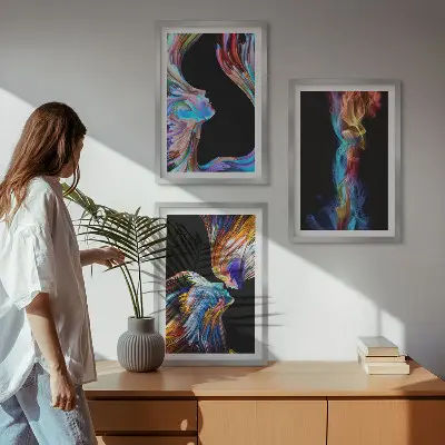 Set de 3 cuadros para salón con diseño de caras abstractas y coloridas