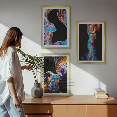 Set de 3 cuadros para salón con diseño de caras abstractas y coloridas