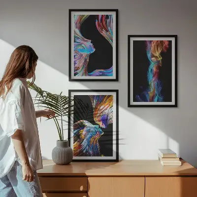 Set de 3 cuadros para salón con diseño de caras abstractas y coloridas