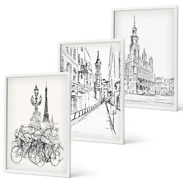 Juego de 3 cuadros con dibujos sencillos de paisajes urbanos