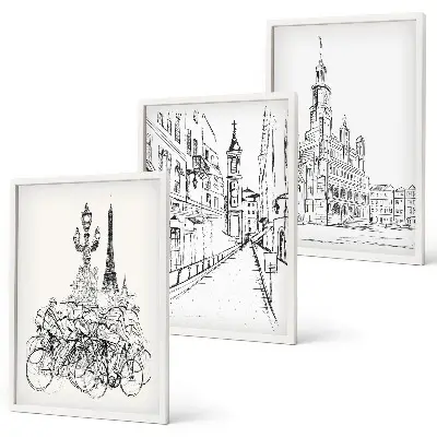 Juego de 3 cuadros con dibujos sencillos de paisajes urbanos