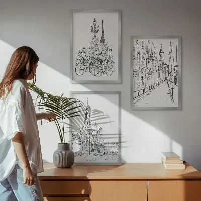 Juego de 3 cuadros con dibujos sencillos de paisajes urbanos