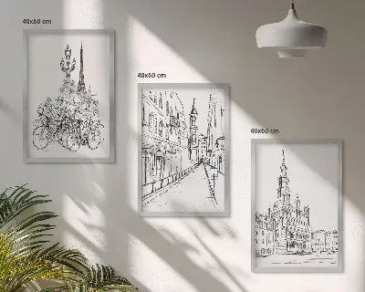Juego de 3 cuadros con dibujos sencillos de paisajes urbanos