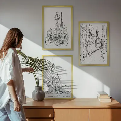Juego de 3 cuadros con dibujos sencillos de paisajes urbanos