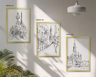Juego de 3 cuadros con dibujos sencillos de paisajes urbanos