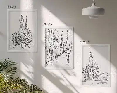 Juego de 3 cuadros con dibujos sencillos de paisajes urbanos