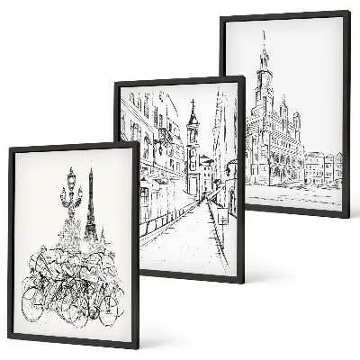 Juego de 3 cuadros con dibujos sencillos de paisajes urbanos