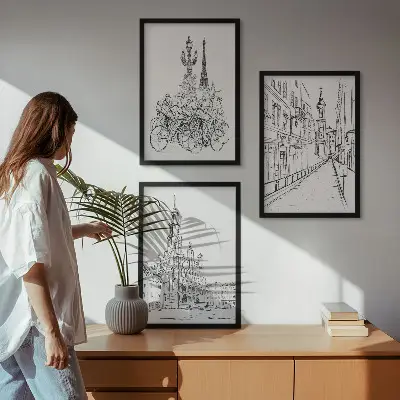 Juego de 3 cuadros con dibujos sencillos de paisajes urbanos