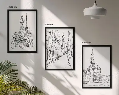 Juego de 3 cuadros con dibujos sencillos de paisajes urbanos