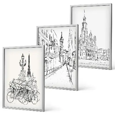 Juego de 3 cuadros con dibujos sencillos de paisajes urbanos